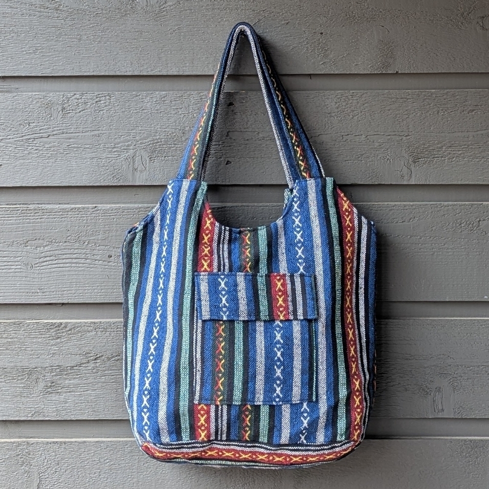 Boho Stripe Travel Tote Bag Blue Black Red Cotton